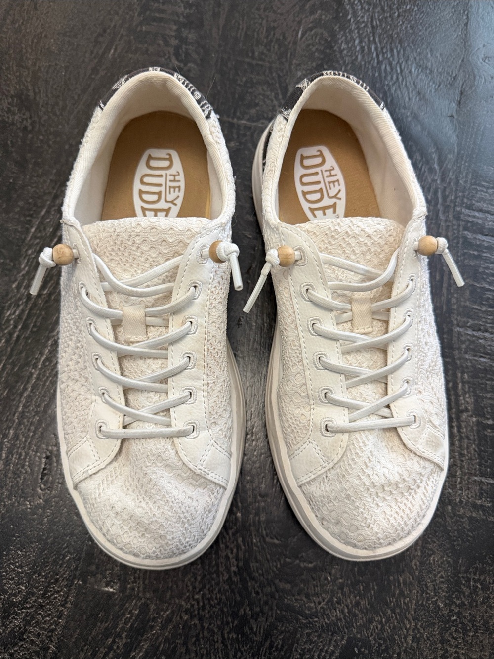 Hey Dude Cream Knit Lace-Up Sneakers with Wood Bead Accents